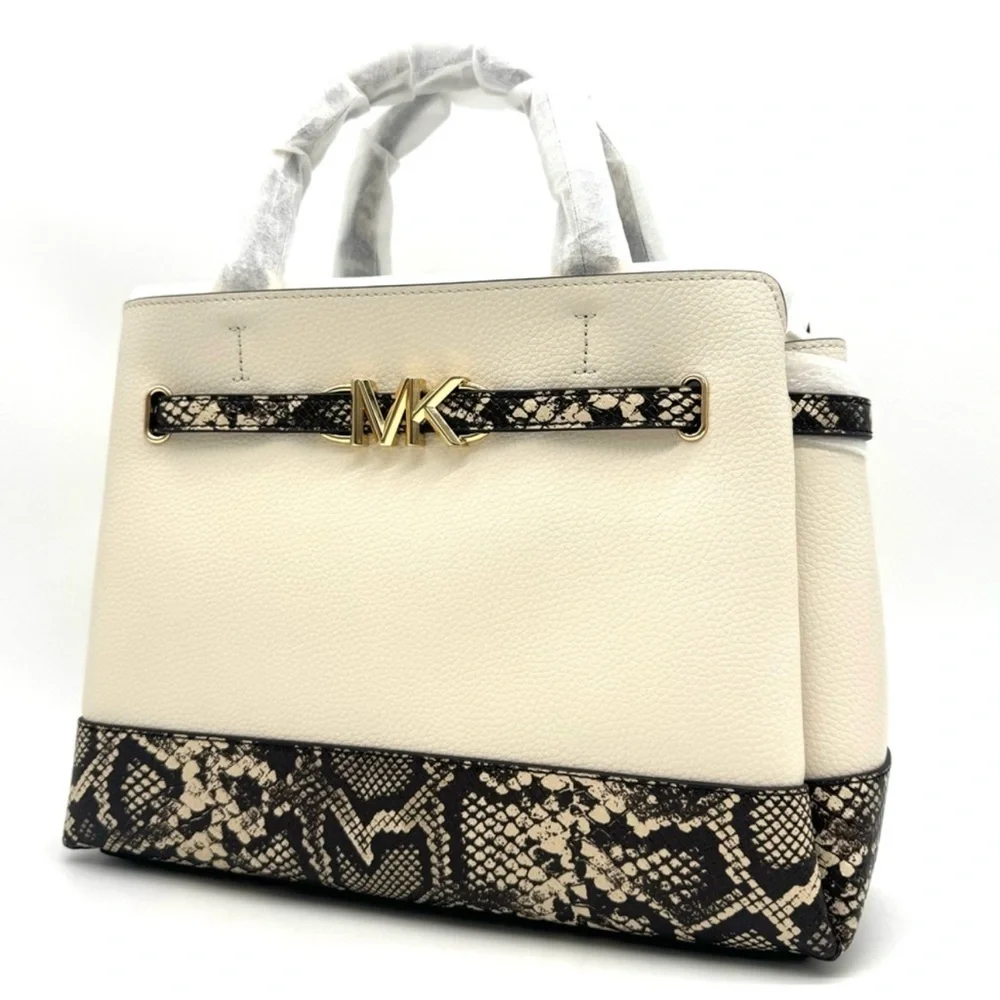 Michael Kors Large Reed Leather Belted Satchel Crossbody Bag Cream Snakeskin - Picture 1 of 11